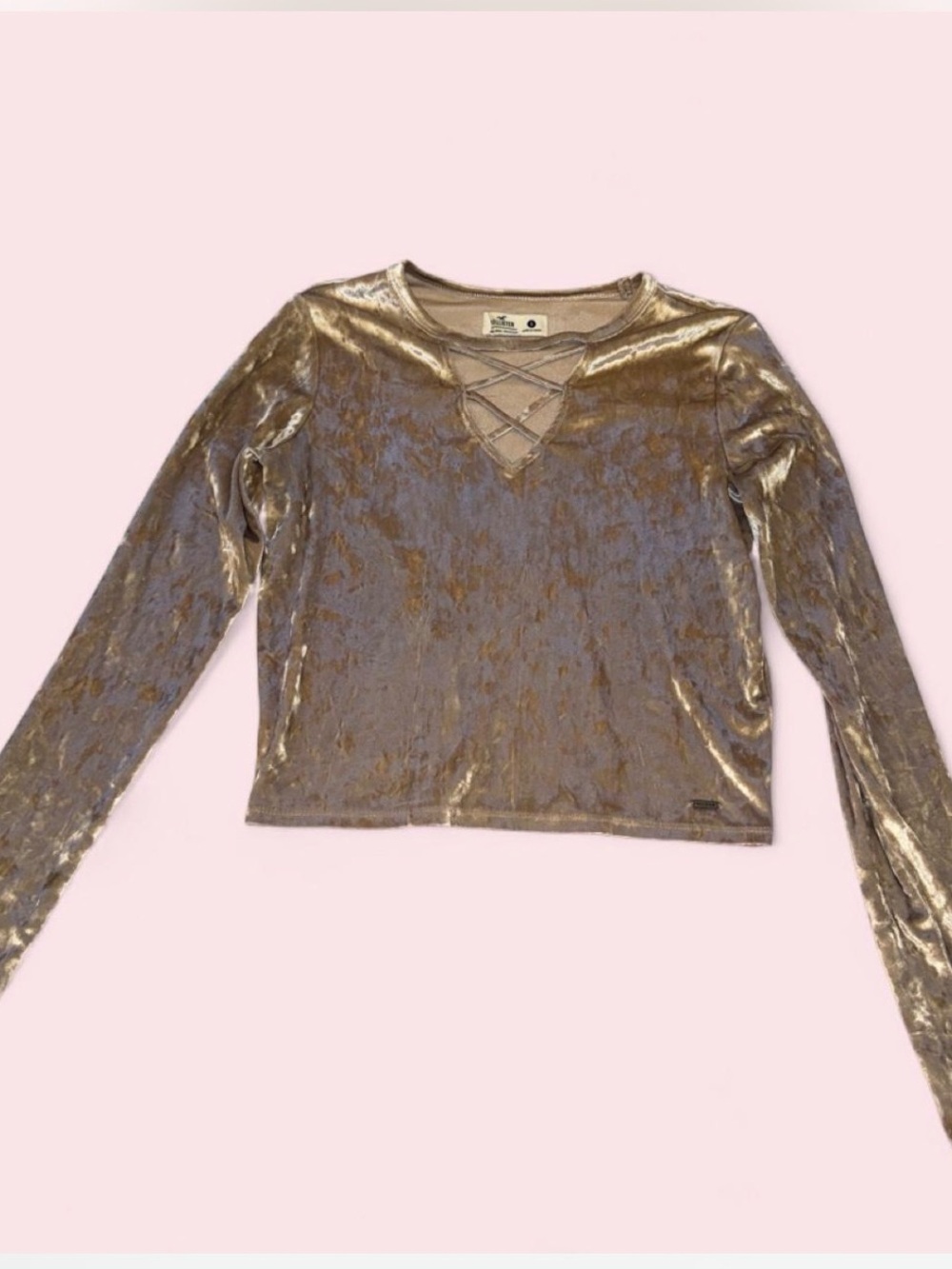 Hollister Metallic Crushed Velvet Lace-Up Long Sleeve Top - Gold